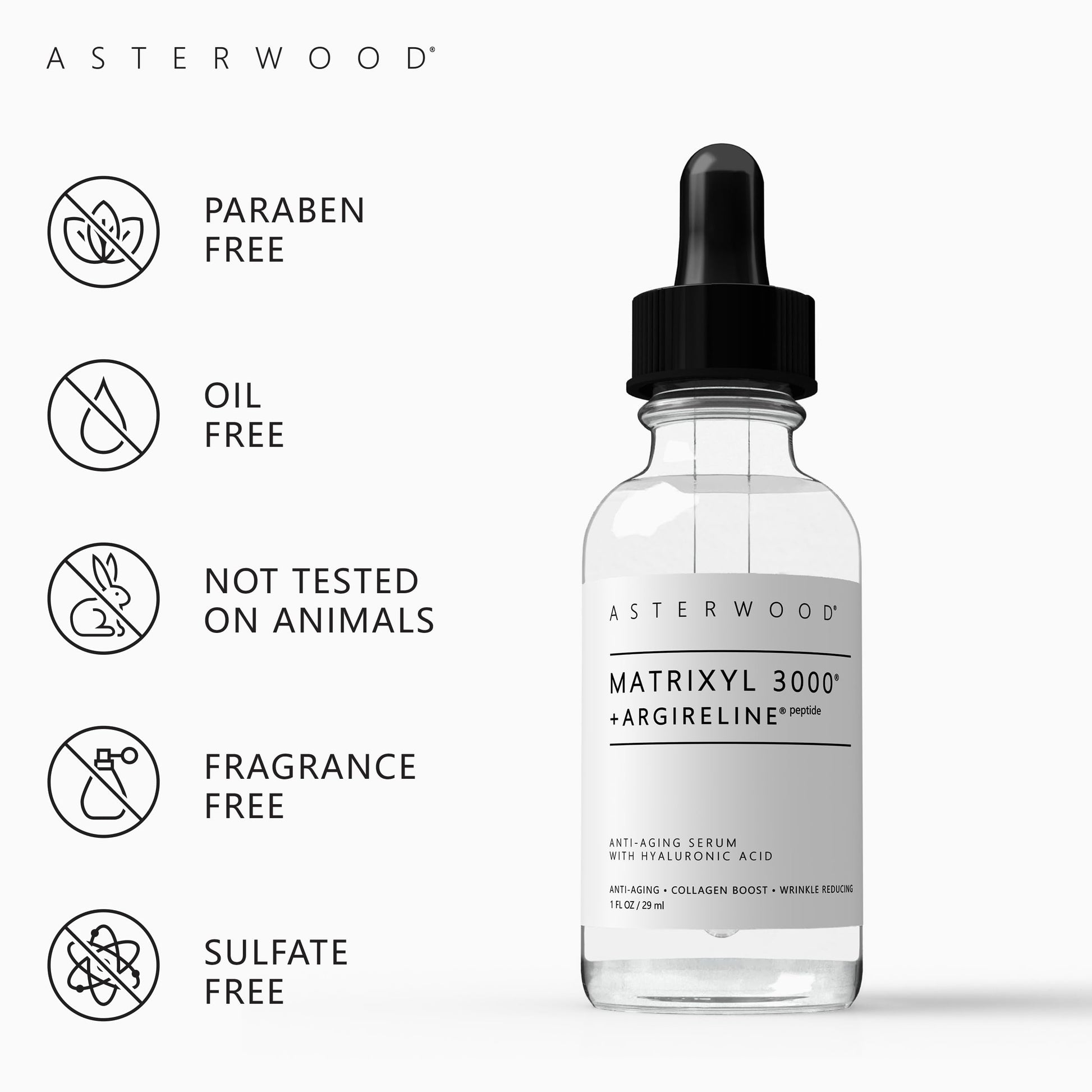 Asterwood Naturals | MATRIXYL 3000 y ARGIRELINE | Peptide Serum con Ácido Hialurónico Orgánico | 1 oz