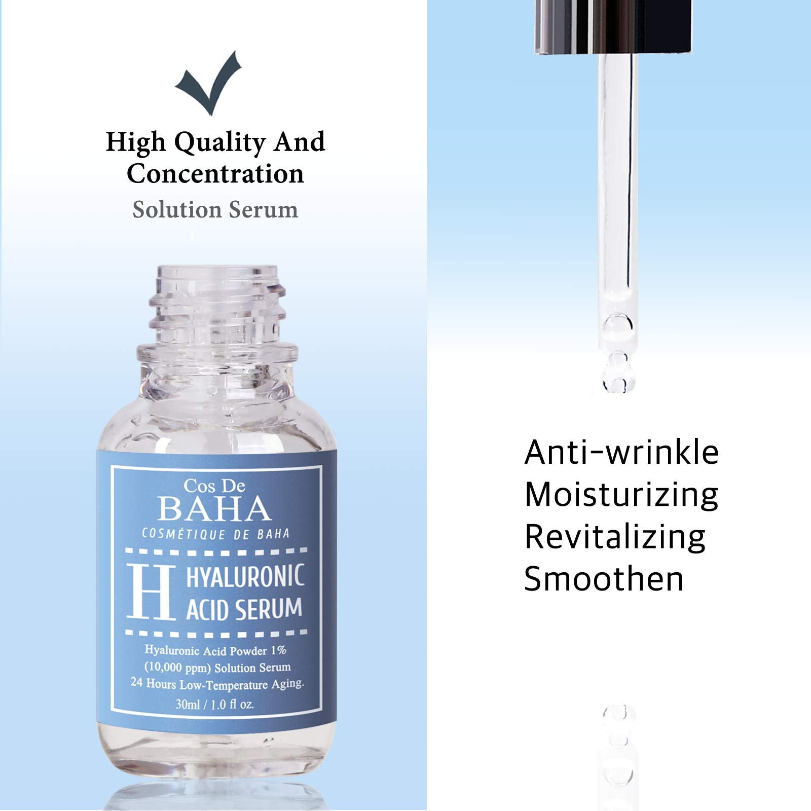 CosDeBAHA Pure 100% Hyaluronic Acid Moisturizer Serum, anti-aging, anti-wrinkles, Original Collagen Booster, Plumping, Softens Fine Lines, HA Powder 1%, Natural Facial Skin Care, paraben-free, 1Fl.oz