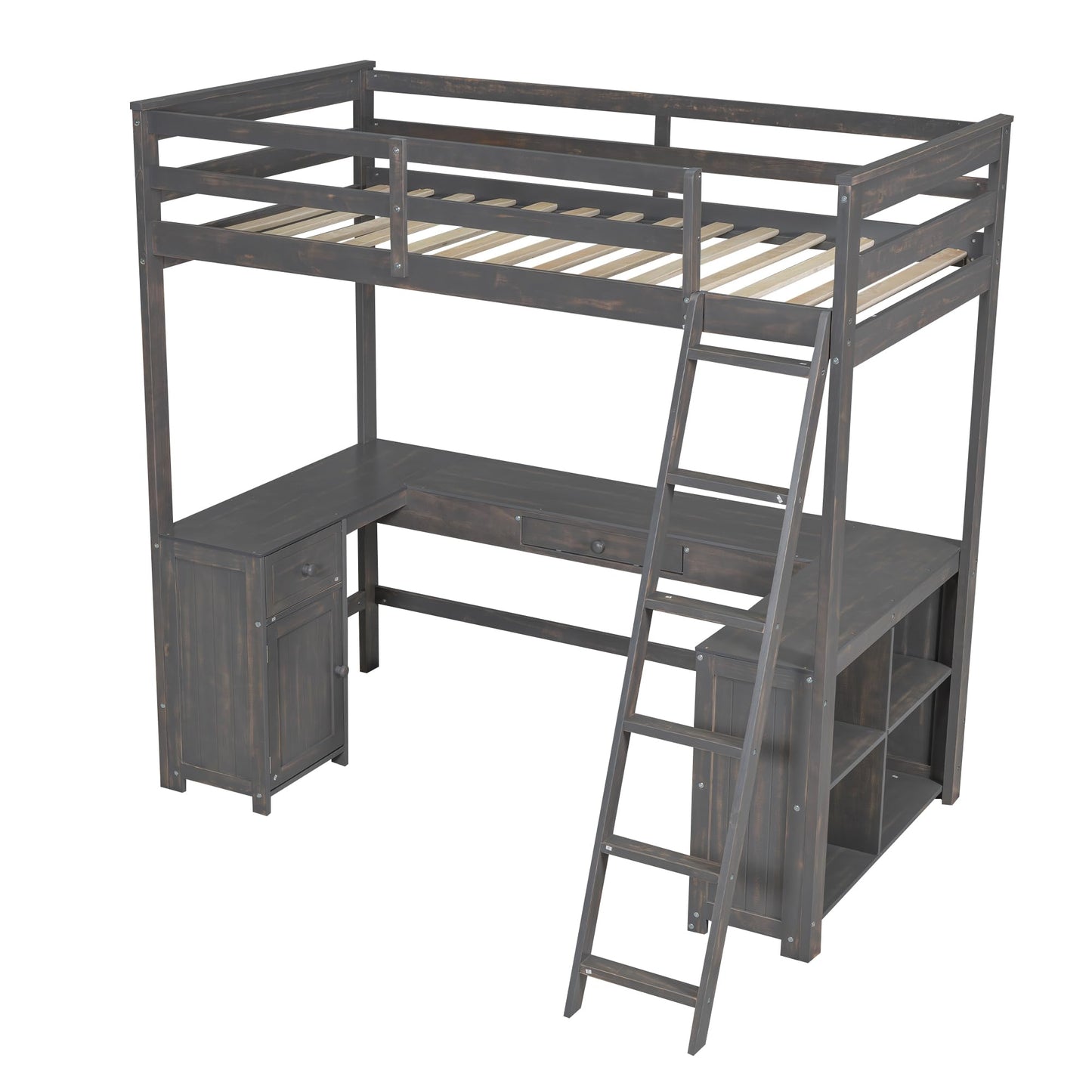 YOPTO - Cama Tipo Loft de tamaño Individual con 2 cajones y estantes de Almacenamiento, Marco de Cama de Madera con computadora en Forma de U y barandillas de Longitud Completa, Escalera, Muebles de