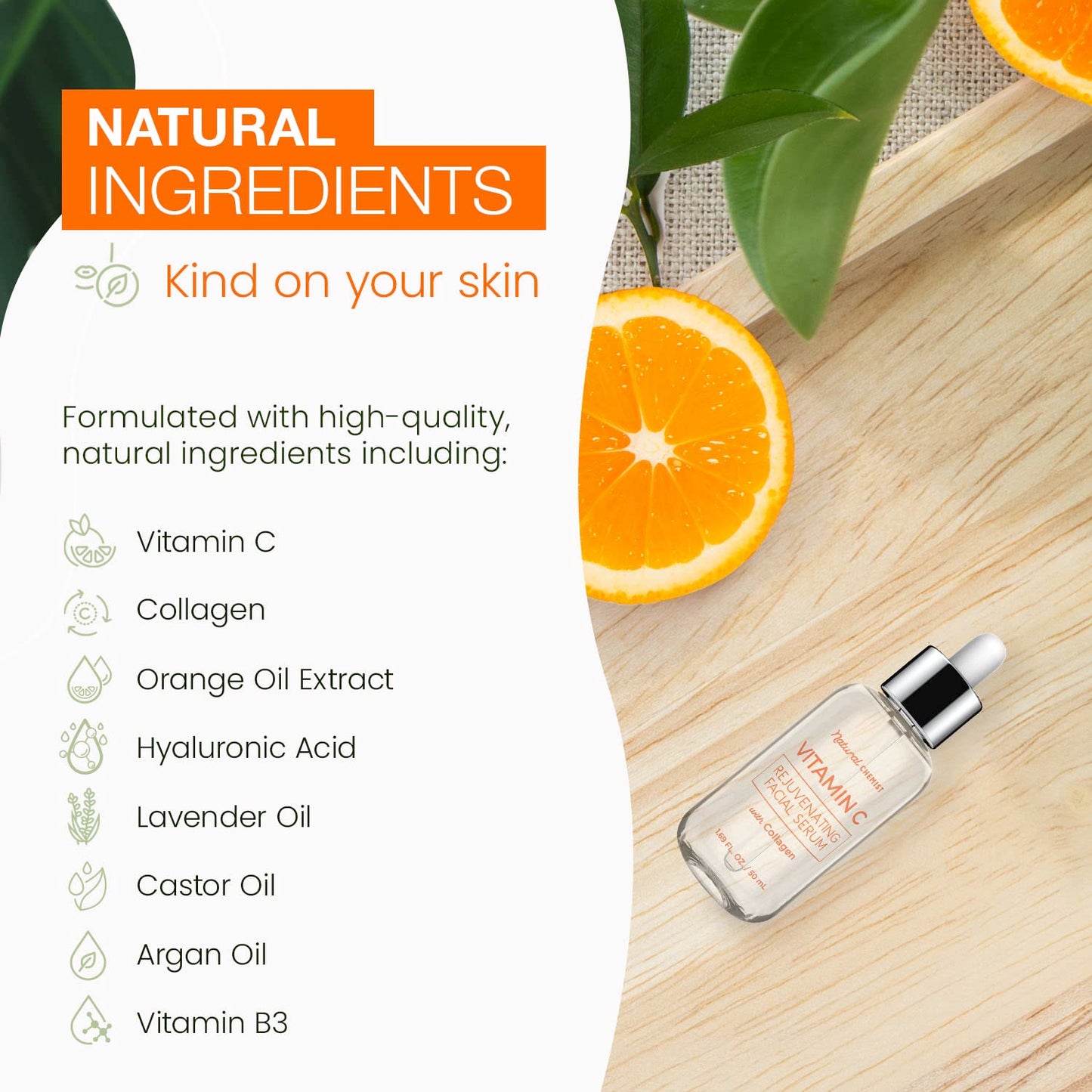 Natural Chemist Suero Facial Con Vitamina C Y Colágeno: Mejora La Elasticidad De La Piel, Reduce Las Manchas Oscuras Y Las Arrugas, Ilumina El Cutis - 1,69 Onzas Líquidas/50 M Vitamina C Y Colágeno