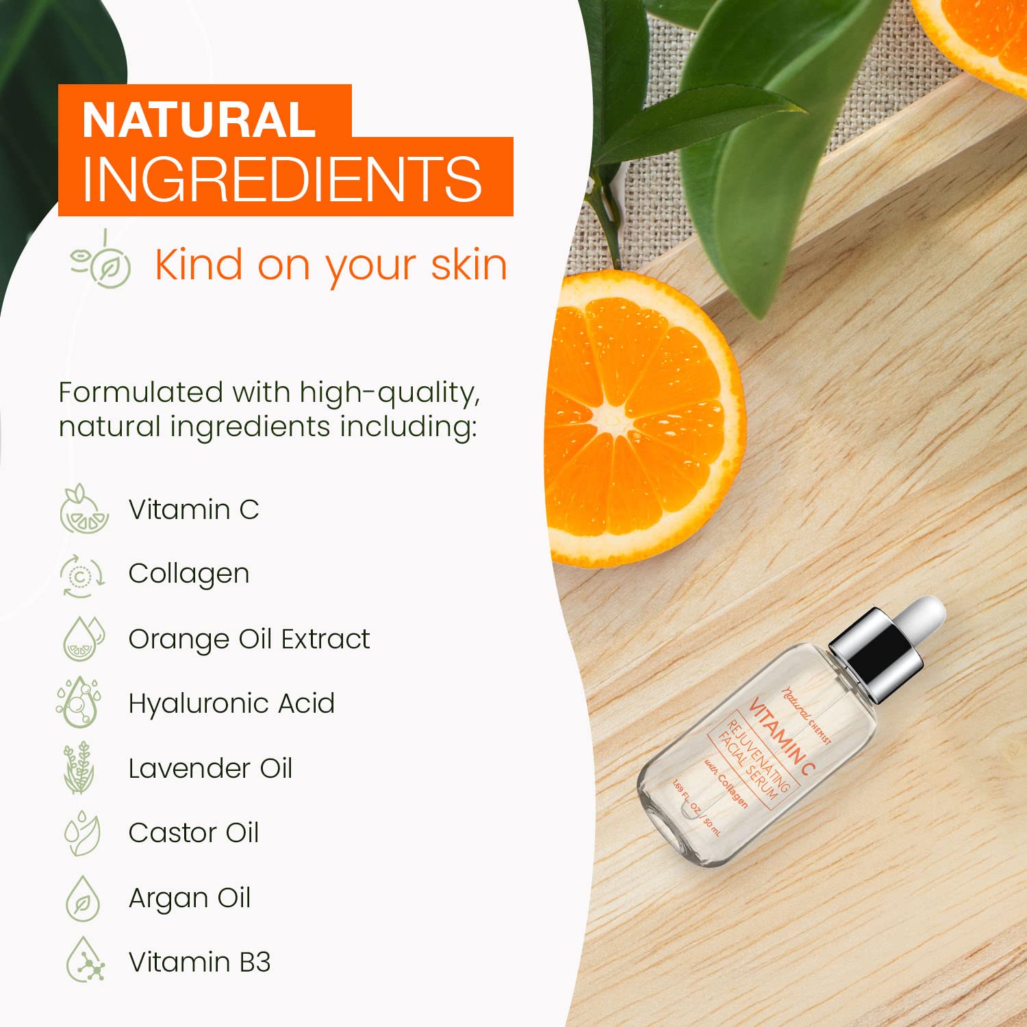 Natural Chemist Suero Facial Con Vitamina C Y Colágeno: Mejora La Elasticidad De La Piel, Reduce Las Manchas Oscuras Y Las Arrugas, Ilumina El Cutis - 1,69 Onzas Líquidas/50 M Vitamina C Y Colágeno