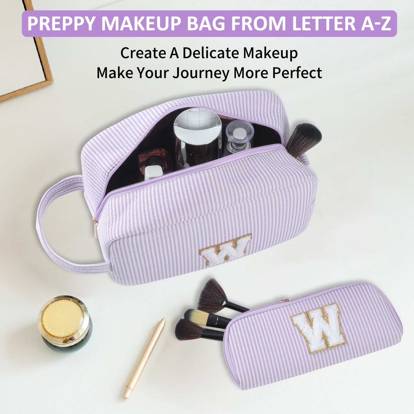 Huifen - Bolsa de maquillaje personalizada con inicial A-Z, bolsa de aseo de viaje para niñas, bonita bolsa de cosméticos organizador de maquillaje, boda, cumpleaños, día de la madre, regalos para