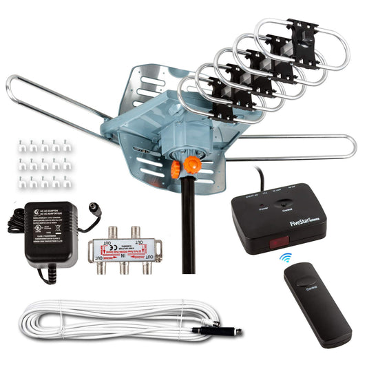 Five Star Antena HDTV amplificada digital para exteriores, rango de 241 m, control remoto inalámbrico, rotación de 360 grados, equipo de instalación de cable coaxial RG6 de 30 m, para 5 televisores