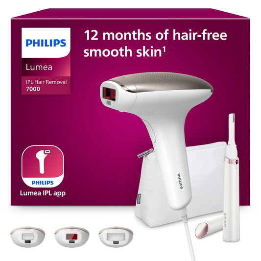 Depiladora Luz Pulsada IPL Philips Lumea Series 7000 Blanco con Lápiz Recortador Compacto y 3 Accesorios para Cuerpo, Cara y Bikini