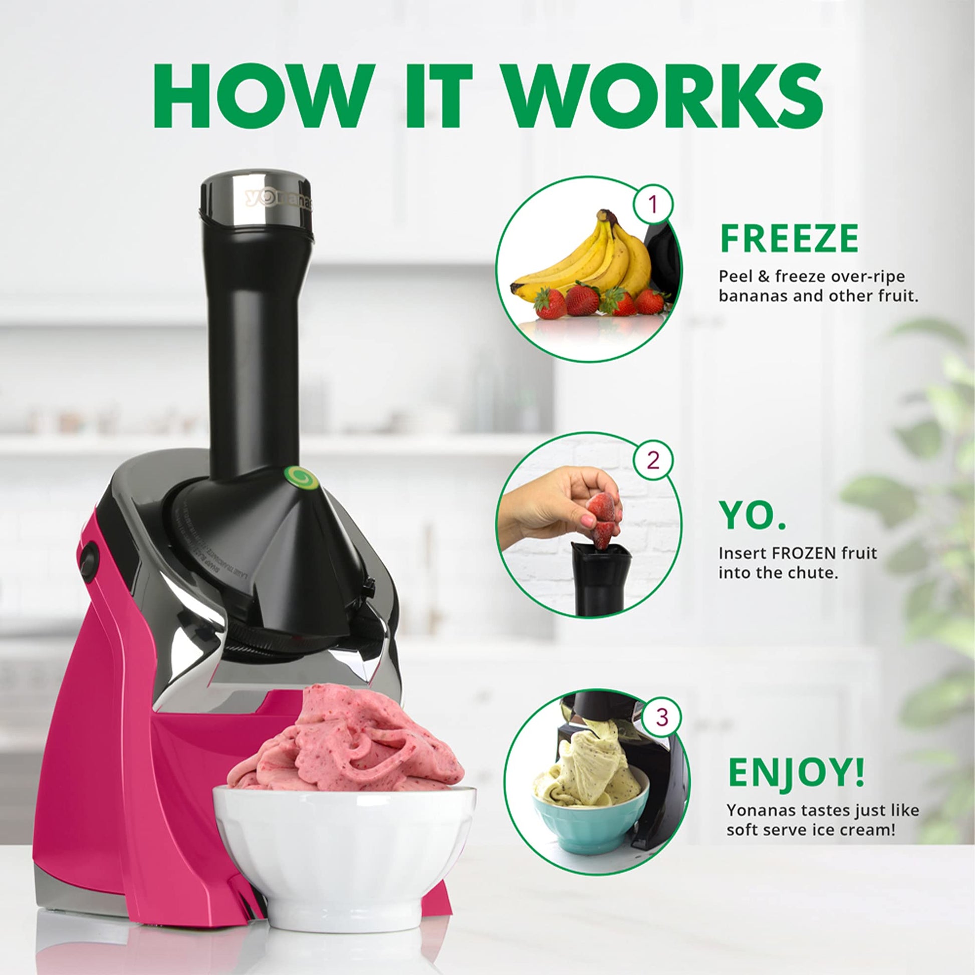 Postres de Fruta Suave Veganos Yonanas Rosa con 75 Recetas y Tecnología sin BPA