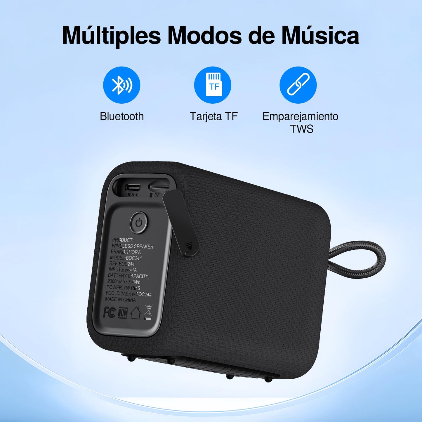 Bocina Bluetooth 7W 1 Hora Negro Sonido Estéreo TWS Ultraligera para Exteriores y Viajes