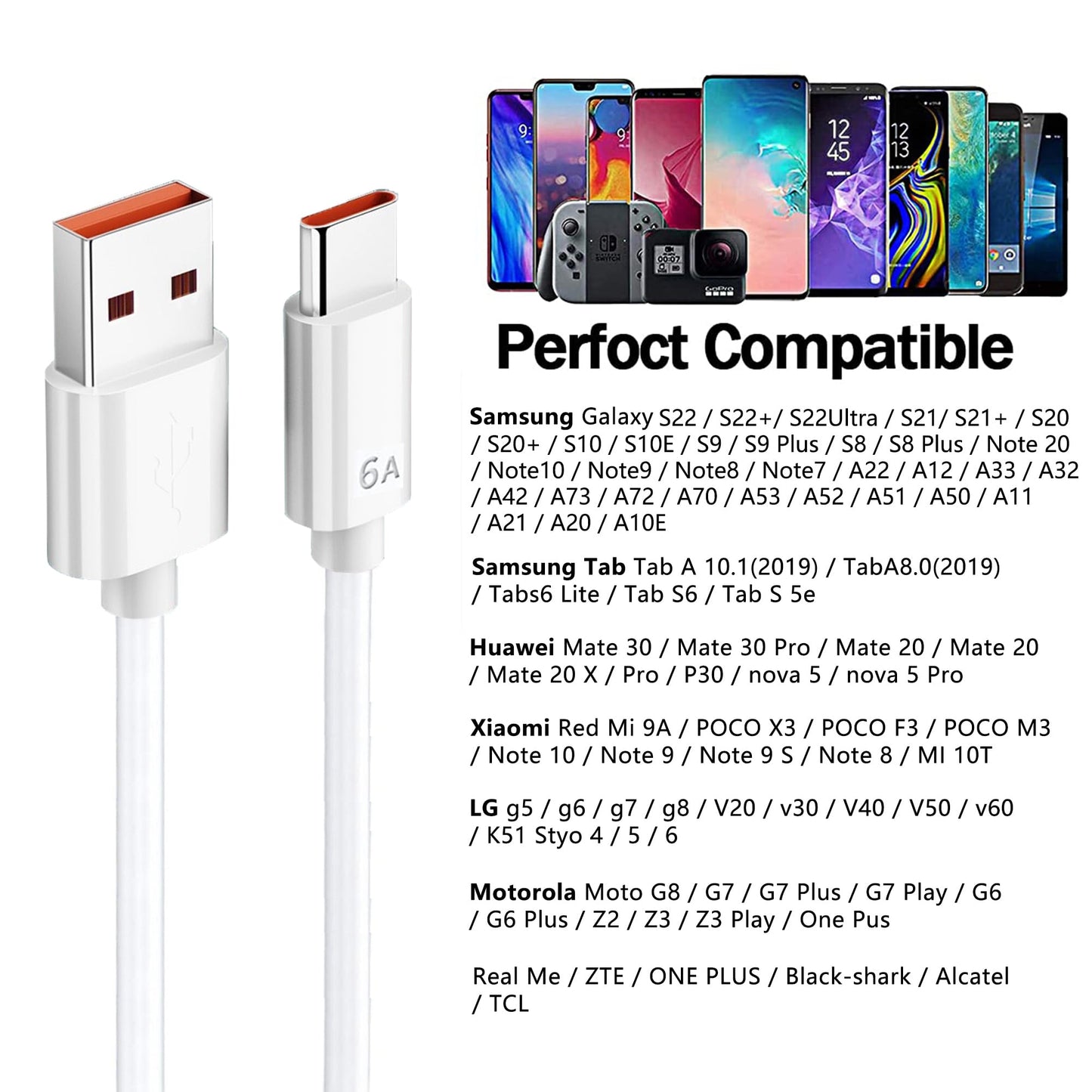 Cable USB C a USB A MORNWELL Blanco Carga Rápida 1M para Huawei y Otros Dispositivos