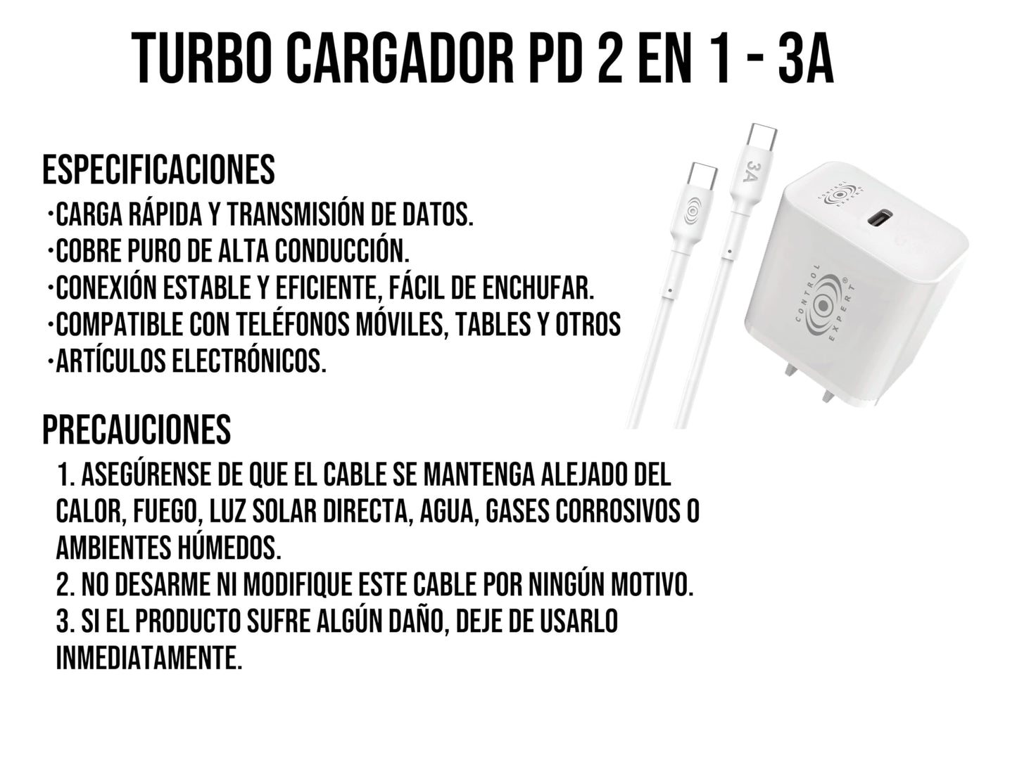 CONTROL EXPERT Turbo Cargador Tipo C A Tipo C, para Android y iPhone 15, Carga y Datos 3A Salida Tipo C 20w Ultra Rápido (Blanco)