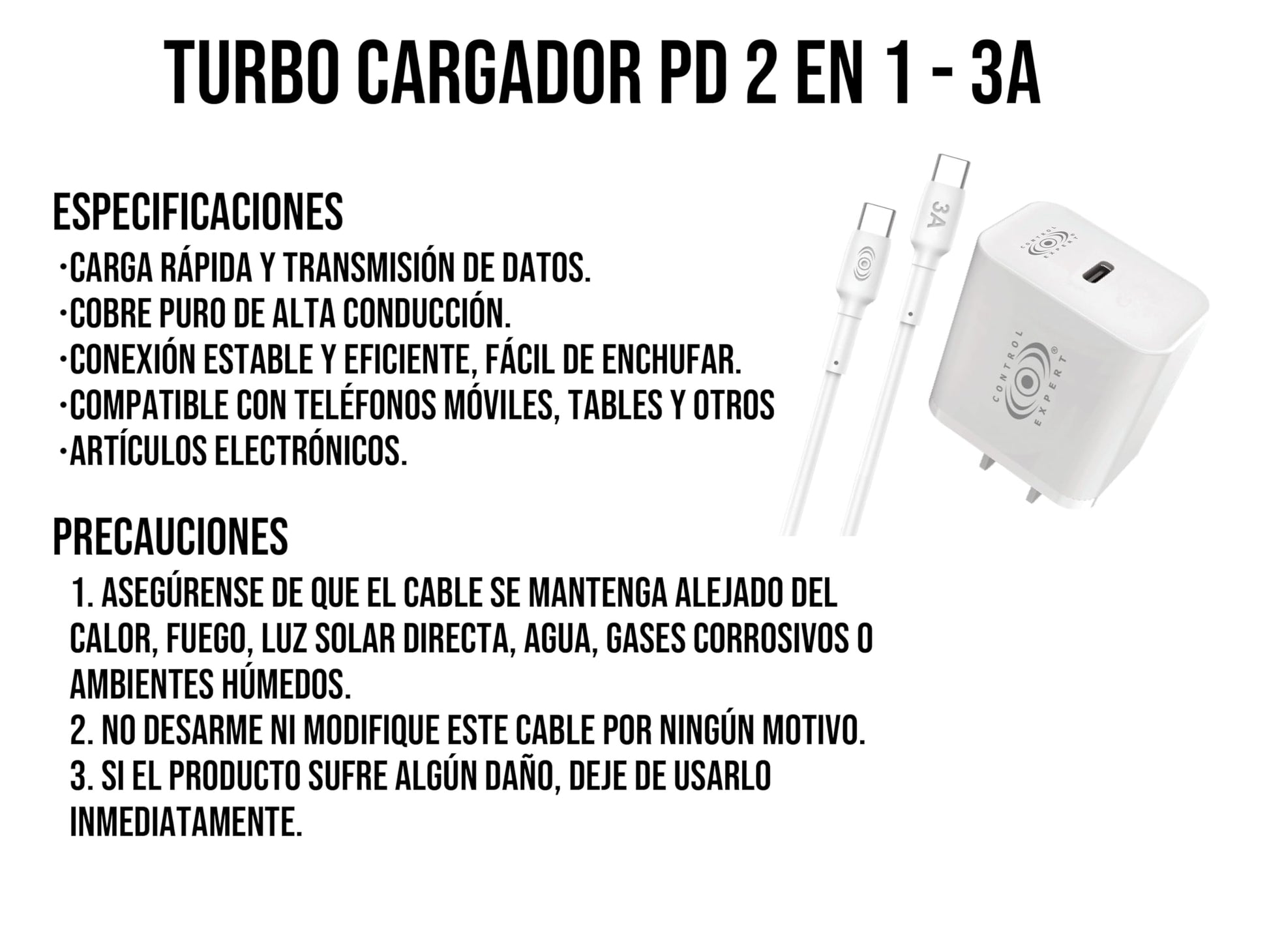 CONTROL EXPERT Turbo Cargador Tipo C A Tipo C, para Android y iPhone 15, Carga y Datos 3A Salida Tipo C 20w Ultra Rápido (Blanco)