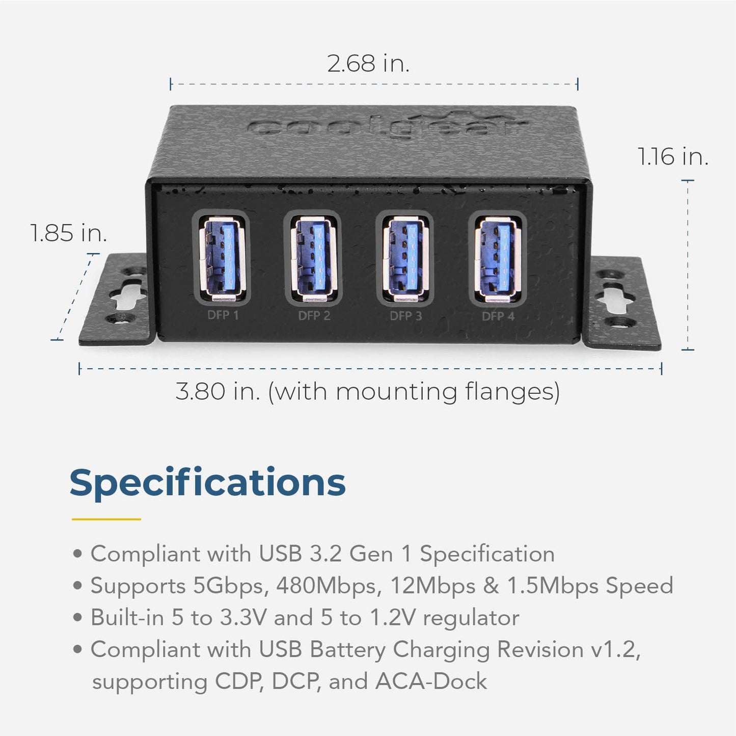 Coolgear Mini Hub de 4 puertos alimentado por USB 3.2, transferencia de datos rápida de 5 Gbps con protección ESD y contra sobretensiones, concentrador USB duradero y montable