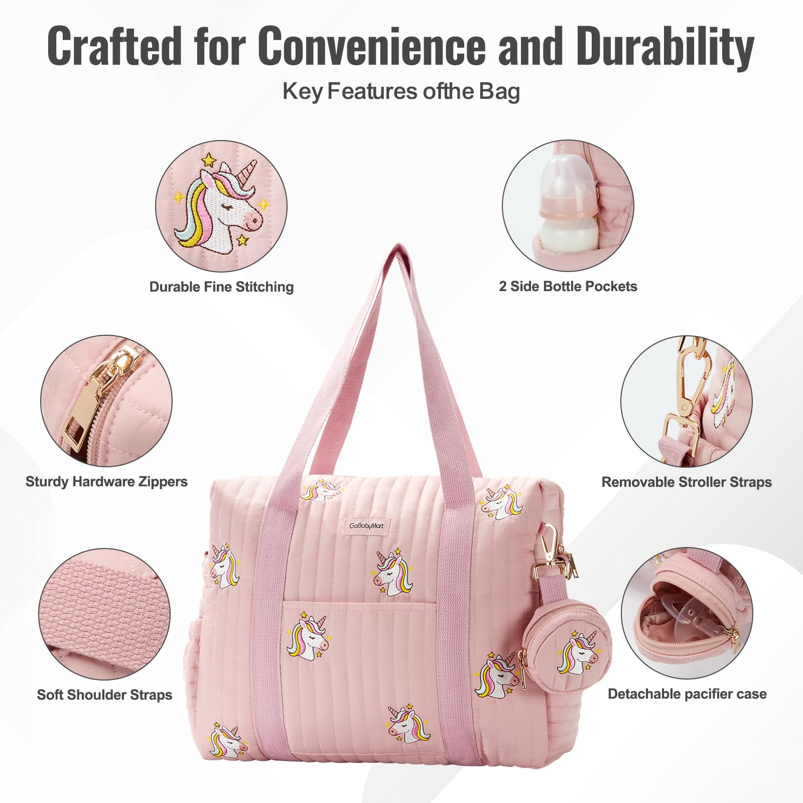 GOBABYMART - Juego de 3 bolsas de pañales con cambiador y estuche para chupete, bolsa de viaje de maternidad de algodón (mediano - unicornios rosa)