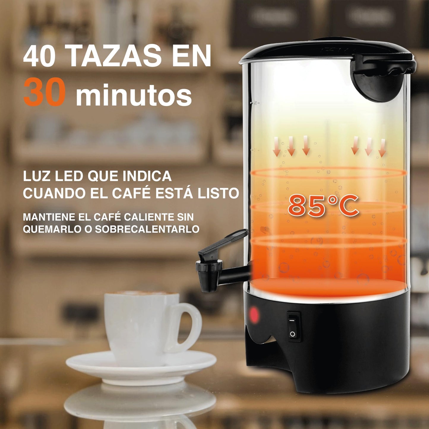 Cafetera Eléctrica Urna Acero Inoxidable 40 Tazas Filtro Permanente