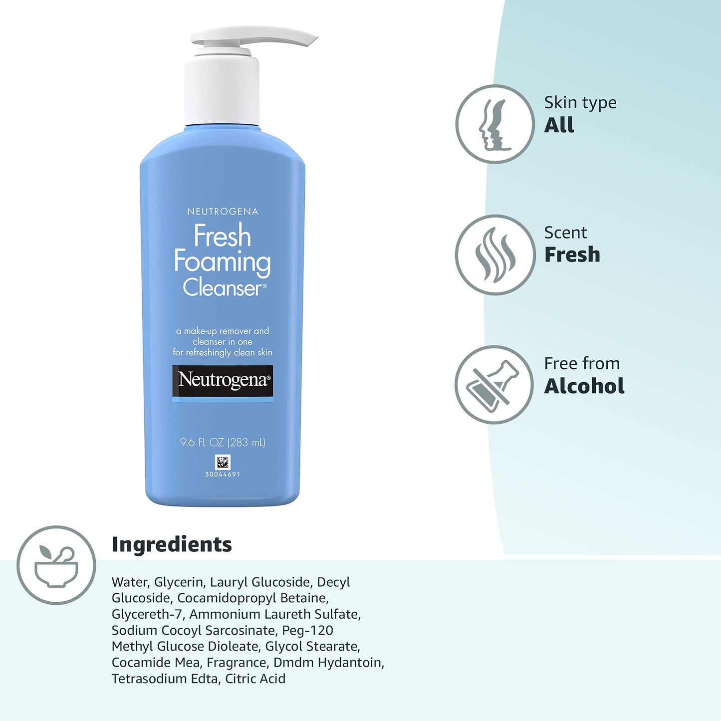 Neutrogena Fresh Foaming Facial Cleanser & Makeup Remover with Glycerin, Oil-, Soap- & Alcohol-Free Daily Face Wash Removes Dirt, Oil & Waterproof Makeup, Non-Comedogenic, 9.6 fl. oz