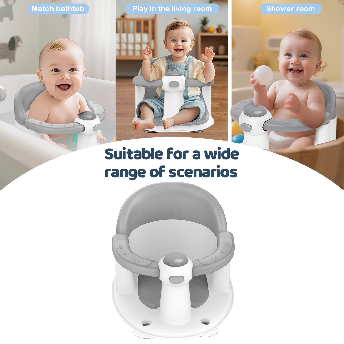 TOSGN - Asiento de baño de bebé para bebés de 6 meses en adelante, 3 juguetes de baño de bebé, asiento de baño antideslizante, soporte de baño seguro y cómodo, para tina/sala de estar, ducha, color