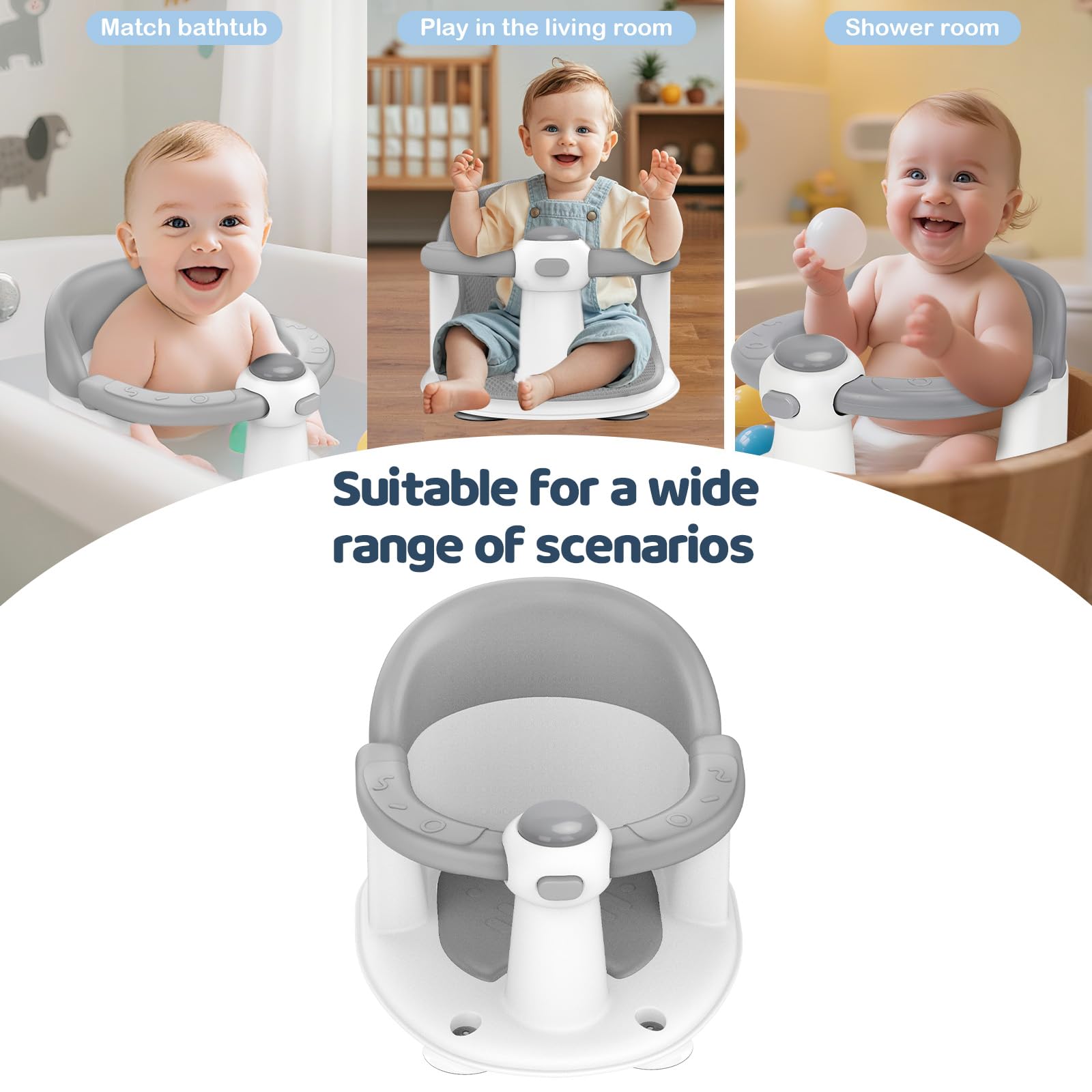 TOSGN - Asiento de baño de bebé para bebés de 6 meses en adelante, 3 juguetes de baño de bebé, asiento de baño antideslizante, soporte de baño seguro y cómodo, para tina/sala de estar, ducha, color