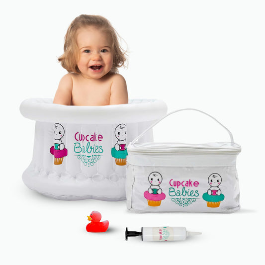 Bañera para Bebe Inflable Turquesa | Navidad | Ideal Regalos Navideños para Recién Nacidos hasta 12 Meses | Incluye Bolso de Viaje, Pato de Juguete y Compresor de Aire | Alberca para Bebe | CUPCAKE BABIES