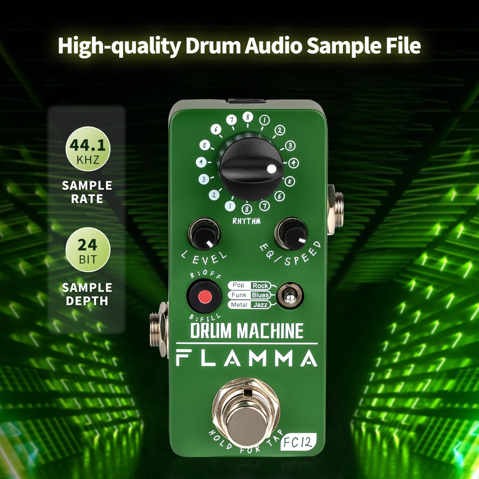 Máquina de Tambor FLAMMA FC12 Negra con Tap Tempo y Preajustes de Ecualizador para Guitarra