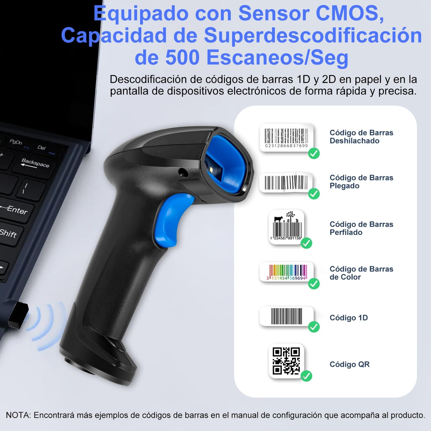 Escaner Codigo de Barras 3 en 1 - 2D 1D Lector Código de Barras Bluetooth Inalámbrico 2.4GHz - Scanner Código de Barras Láser Alámbrico para Supermercado/Biblioteca/Teléfono Android/iOS/PC/Windows/Mac
