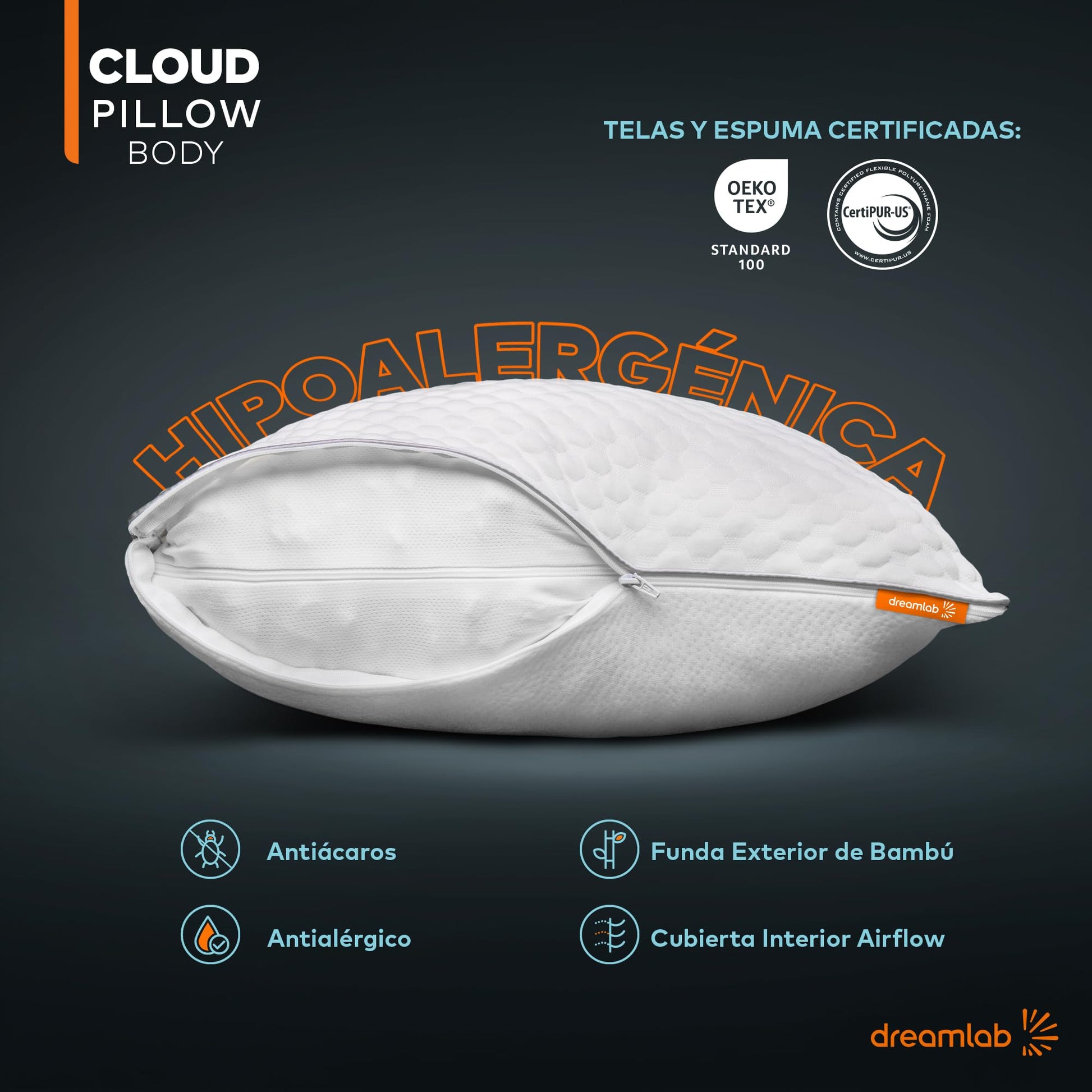 Almohada Corporal Dreamlab Bambú Altura Ajustable y Memory Foam Hipoalergénica