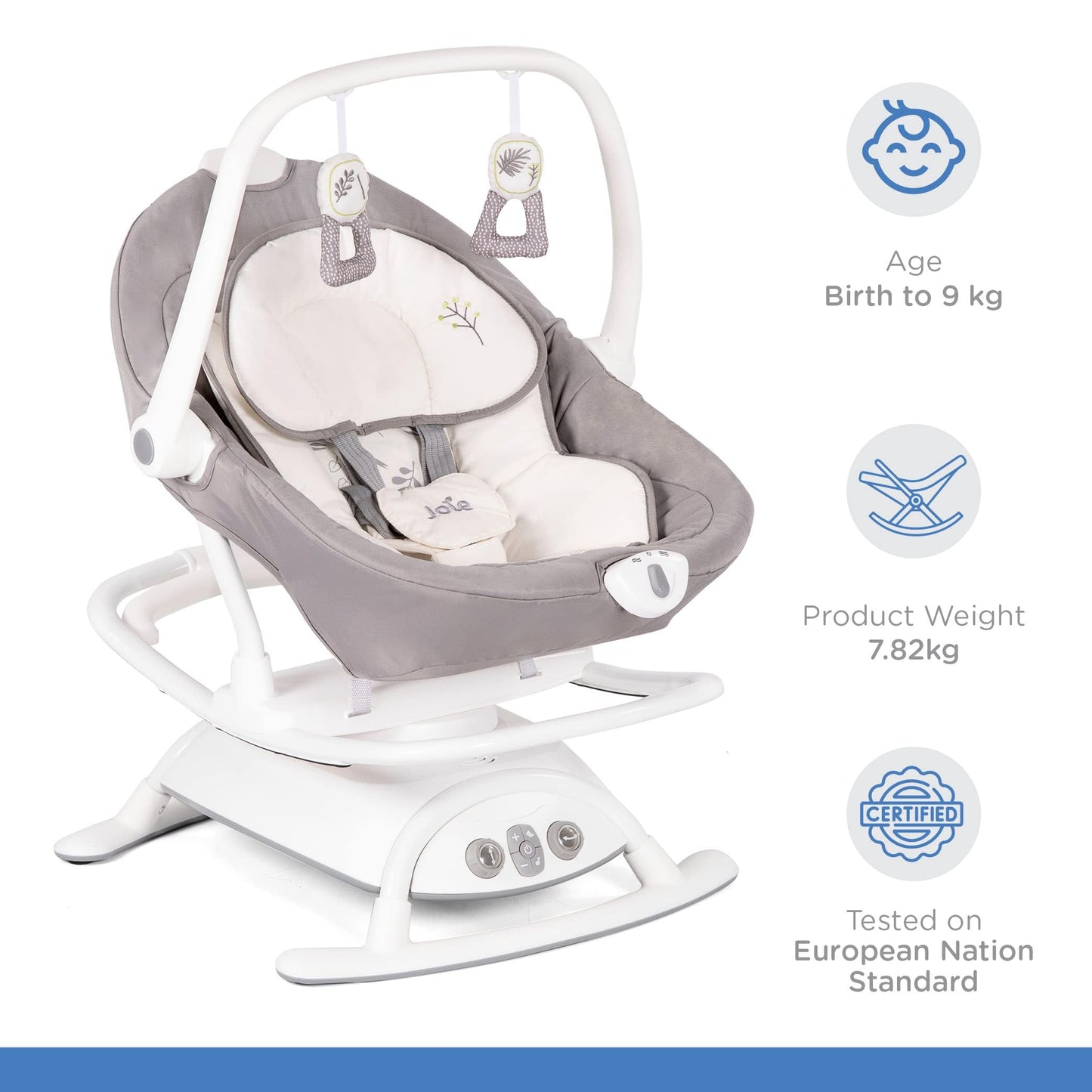 Joie Columpio Portatil para Bebe Sansa, Cuna Mecedora con Giro de 90°, Silla Mecedora Reclinable con 3 Posiciones y Vibracion Calmante, Bouncer Electrico para Bebe