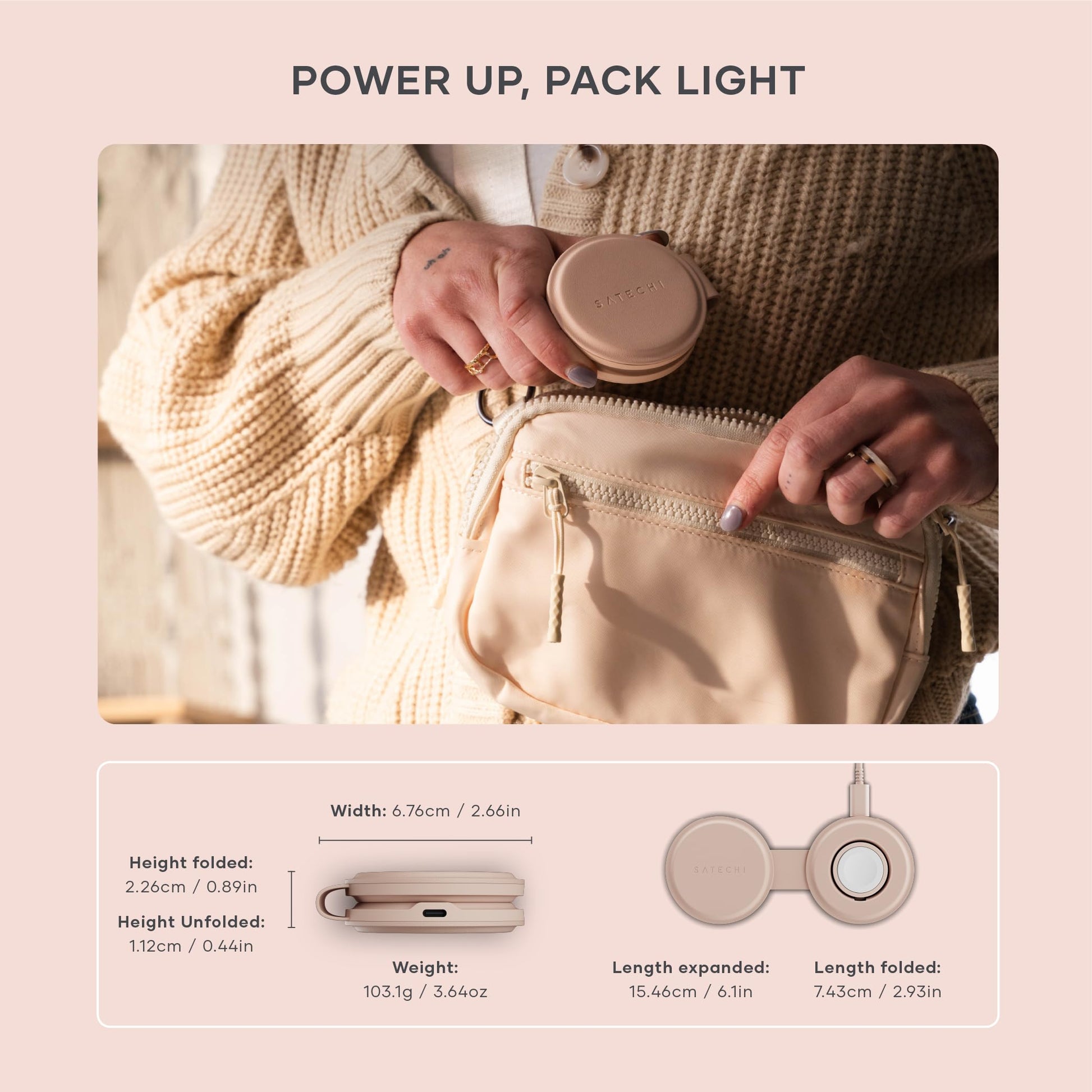 SATECHI OntheGo™ Cargador Inalámbrico 2 en 1, Cargador Portátil Qi2 con Carga Rápida de 15W para iPhone y 5W para Apple Watch, Estación de Carga Magnética de Viaje – Rosa Desierto