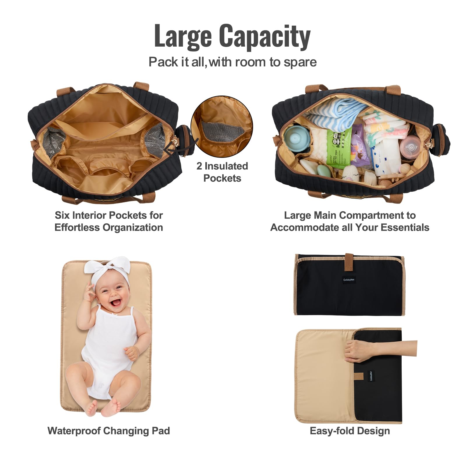GOBABYMART - Juego de 3 bolsas de pañales con cambiador y estuche para chupete, bolsa de viaje de maternidad de algodón (mediano - negro)