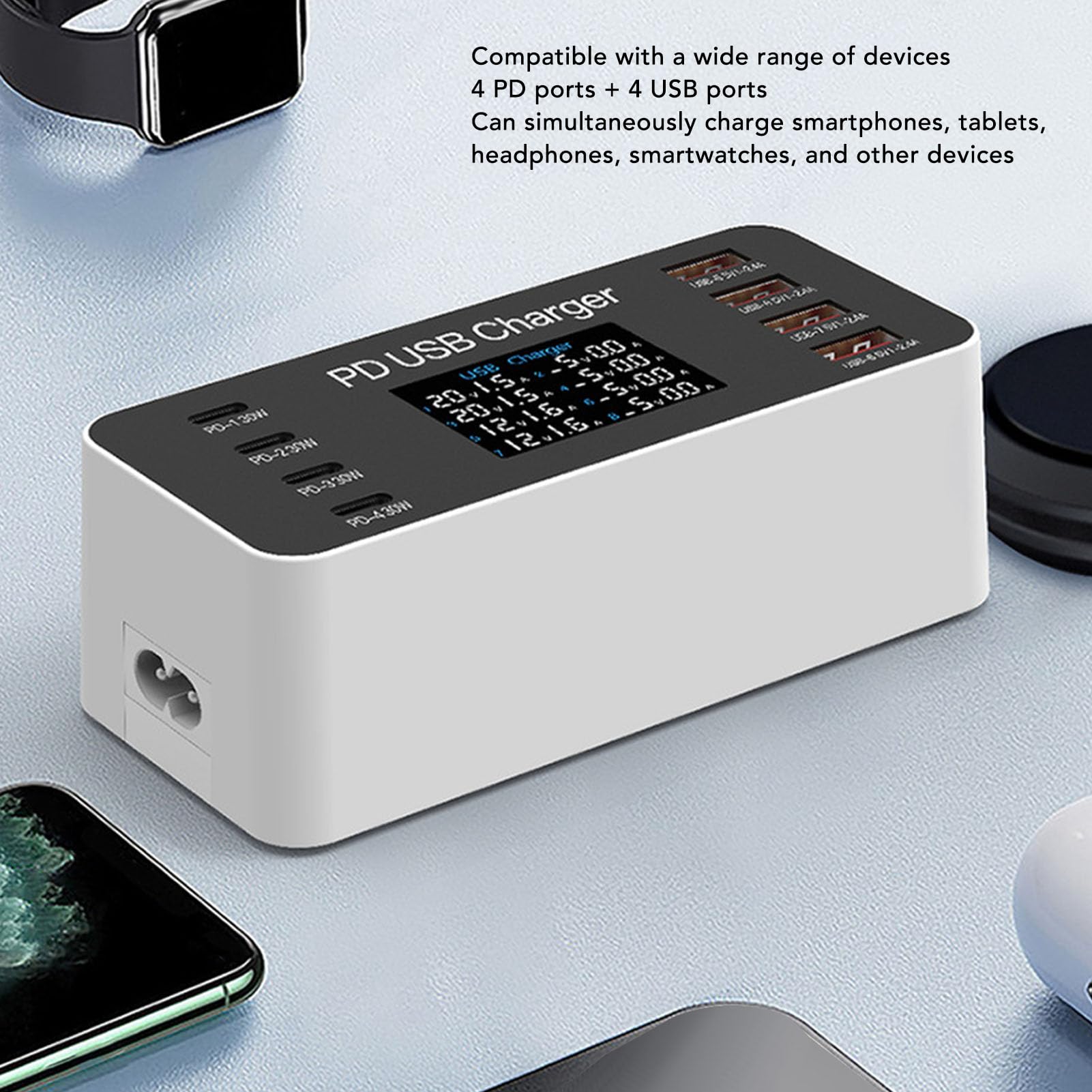 ciciglow Cargador USB, Estación de Carga USB de 8 Puertos de 65 W, Cargador de Concentrador USB Multipuerto, Pantalla LCD de Tamaño Compacto, Compatible con Auriculares Bluetooth para