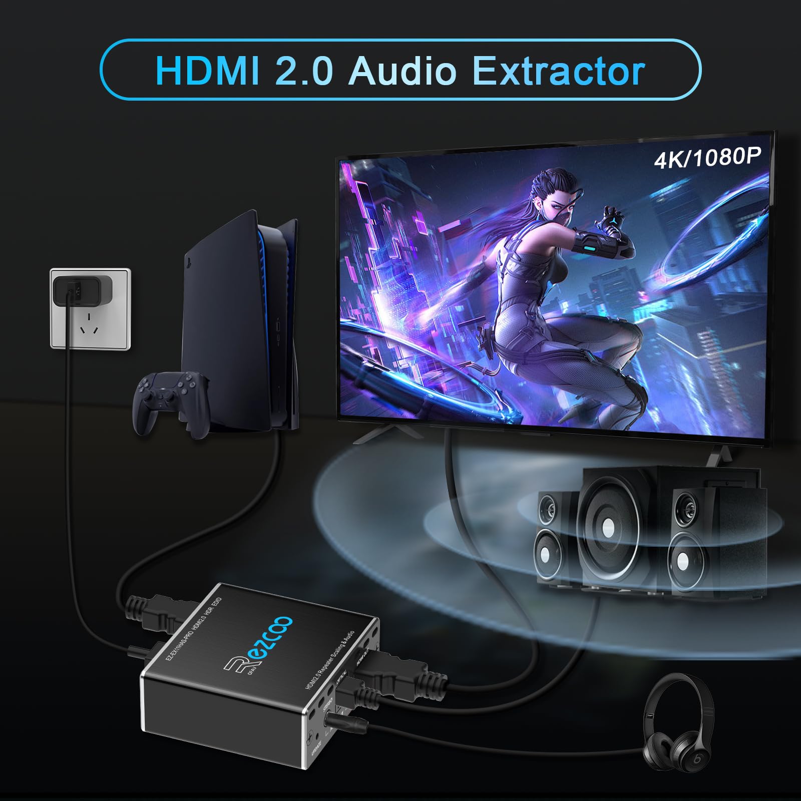 Divisor HDMI 1x1 extractor de audio 4K 60Hz Atmos CEC EDID/Down-Scale/HDCP interruptor compatible con varios videos, SPDIF 5.1CH Toslink óptico, ruptura de audio estéreo, repetidor HDMI