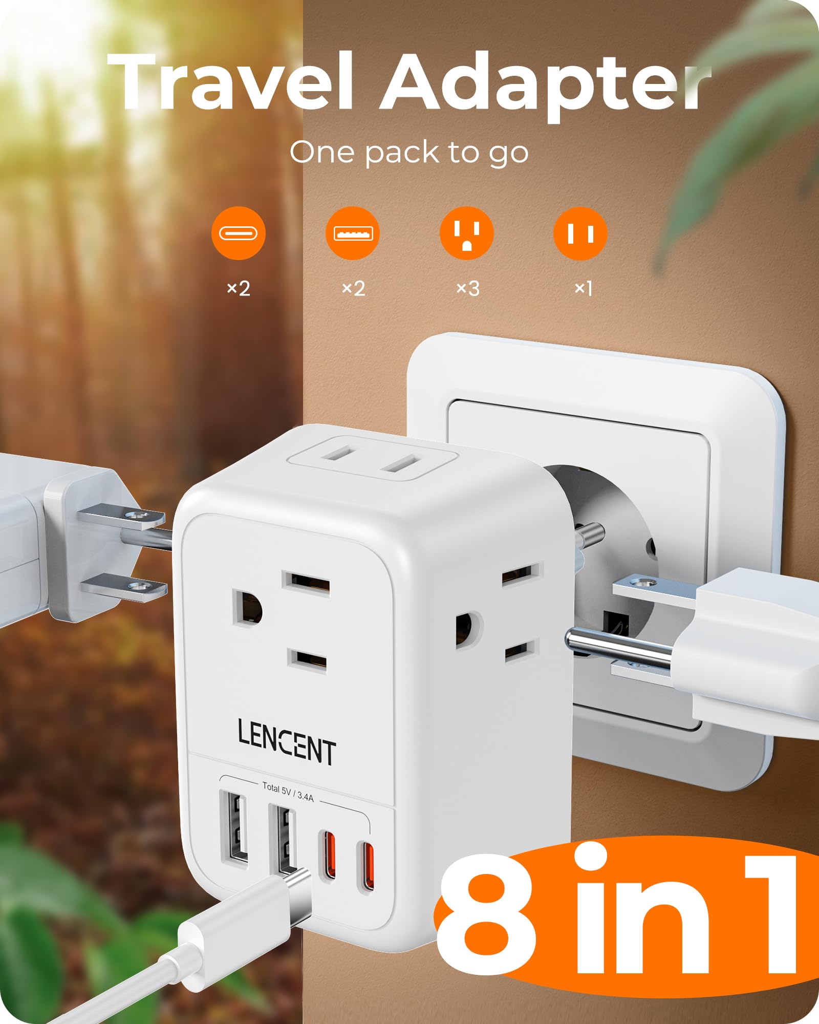 LENCENT 2X Adaptador de Viaje Enchufe Schuko Tipo E/F, Cargador con 4 Salidas CA y 4 Puertos USB (2 USB-C), Convertidor de Enchufe Americano a Alemán, para Europa Alemania, Francia, España