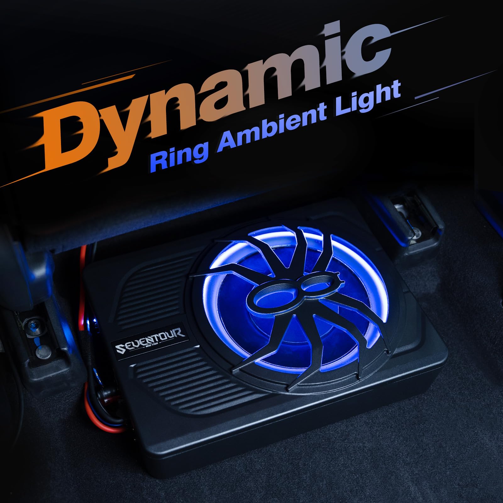Seventour Subwoofer delgado de 10 pulgadas y 800 W para debajo del asiento, subamplificador de audio integrado para coche/camión, nueva actualización con luz ambiental LED azul