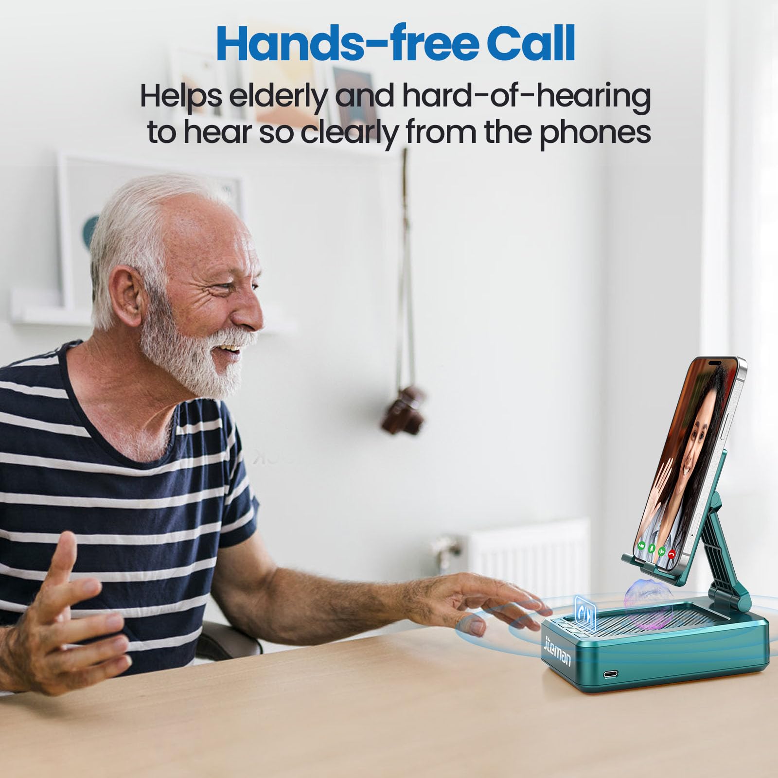 JTEMAN - Soporte para teléfono celular con altavoces inalámbricos Bluetooth, ángulo ajustable, fuerte pedestal para computadora, sonido HD y altavoz Bluetooth de graves compatible con todos los