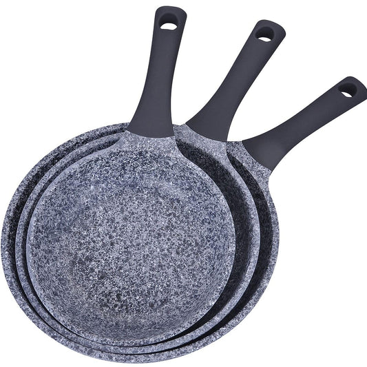 KOCHSTELLE - Set de 3 Sartenes Antiadherentes Marca Kochstelle, Aluminio Inoxidable con Revestimiento de Granito, 20, 24 y 28 cm - Sin Tóxicos, Mango de Silicona, Compatible con Inducción y Gas.