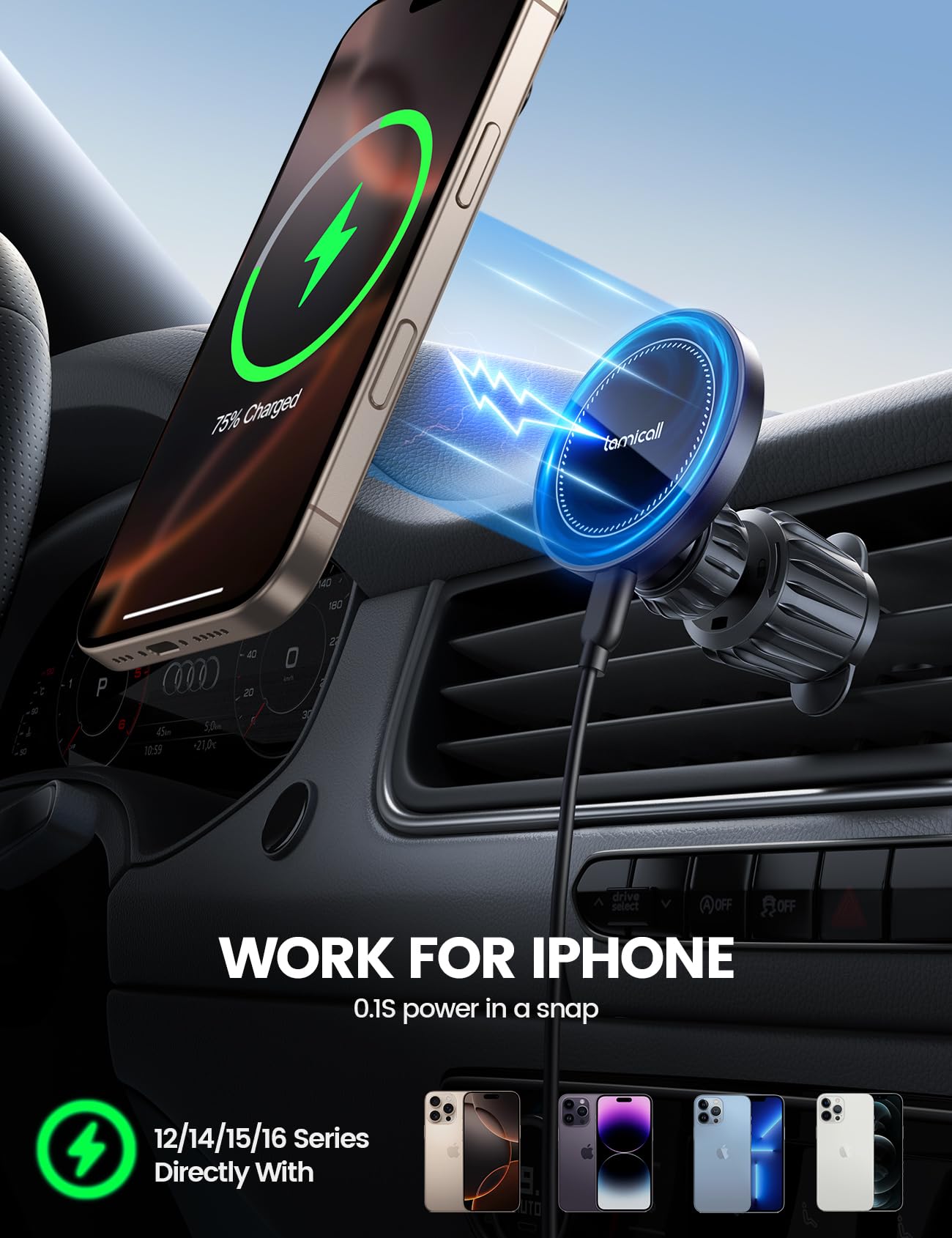 Lamicall mag Safe Cargador Inalámbrico Automovil 15W - [Mejorado Chip Inteligente] [Dash & Vent] 360° Soporte mag Safe para Auto, mag Safe Charger, para iPhone 16 15 14 13 12 mag Safe Case