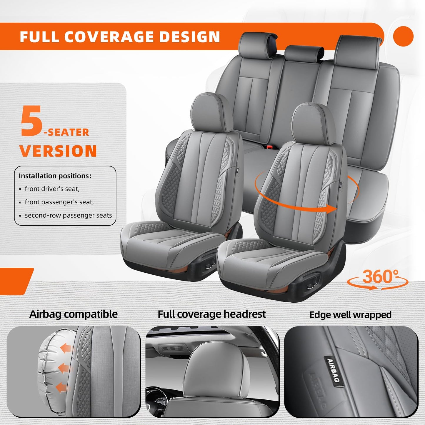 KEYOOG - Juego completo de fundas de asiento de coche de 5 plazas, impermeables y transpirables de cuero Nappa, para asientos delanteros y traseros de automóviles, compatible con airbags, fundas