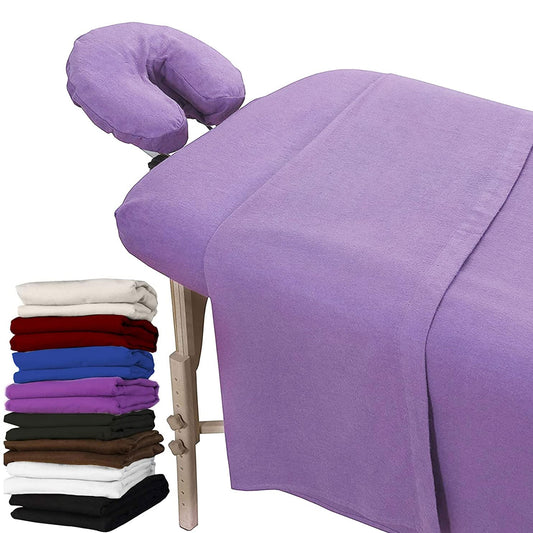 London Linens Juego de sábanas extra gruesas de 3 piezas, 100% franela de algodón natural, incluye funda para mesa de masaje, sábana bajera de masaje y funda para reposamuñecas de masaje (lila)