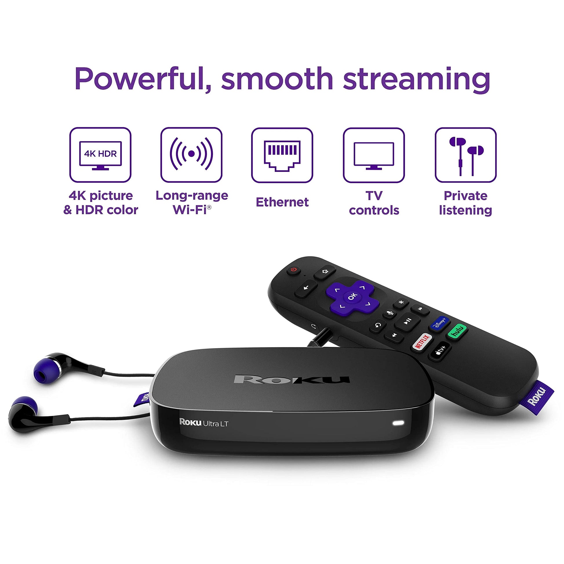 Roku Ultra LT (2023) HD/4K/HDR Dolby Vision | Reproductor de transmisión Quad-Core con cable HDMI, audífonos, control remoto con escucha privada, Ethernet (Reacondicionado)