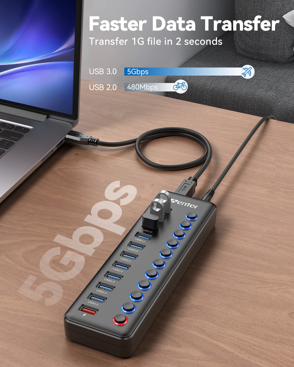 Concentrador USB Wenter Alimentación LED 11 Puertos Transferencia Rápida y Carga Inteligente