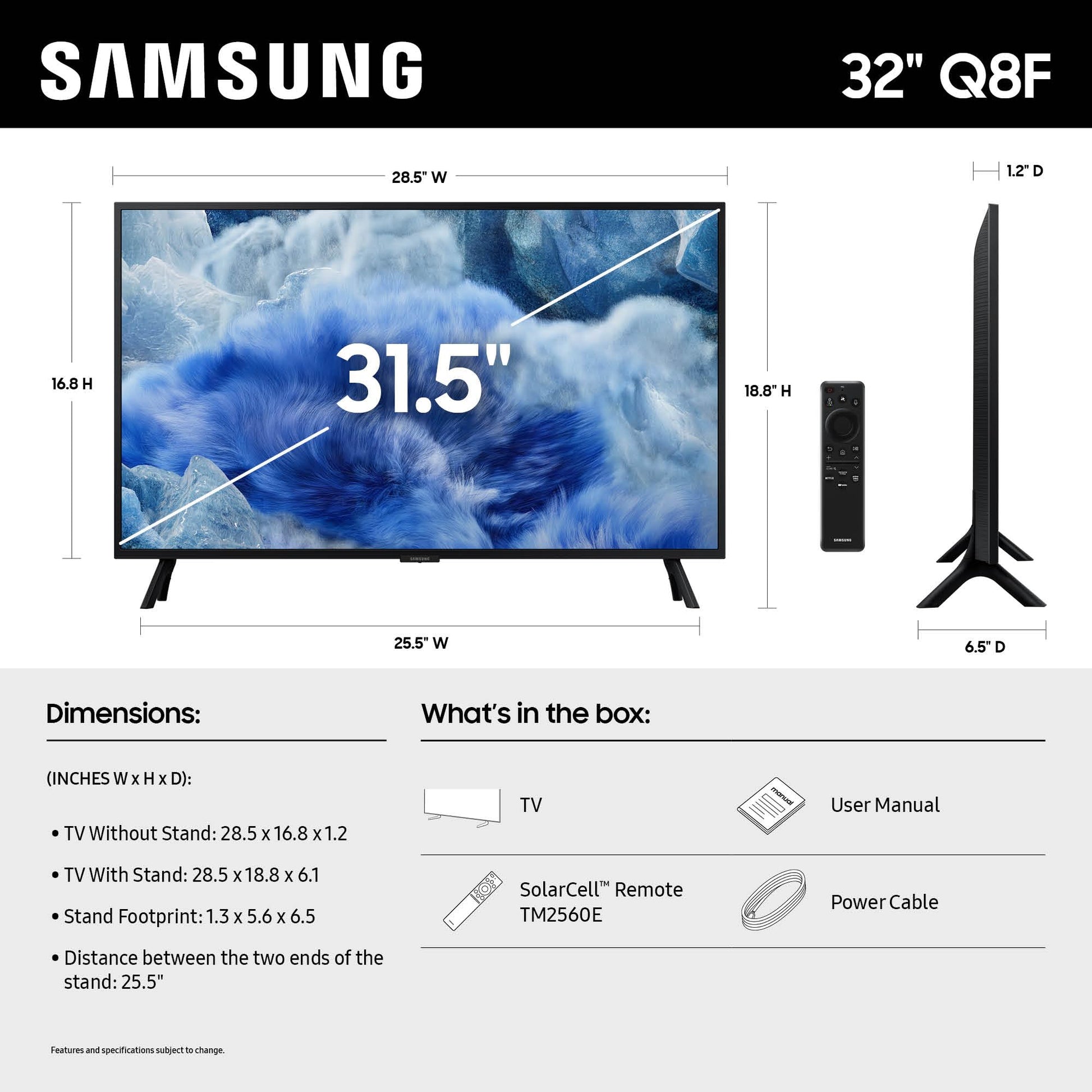 SAMSUNG 32 Pulgadas Clase QLED Q8F 4K UHD Smart TV (Modelo 2025) Q4 Procesador AI, Volumen de Color 100% con Punto cuántico, diseño AirSlim, Contenido última intervensión sin Fin, Samsung Vision AI