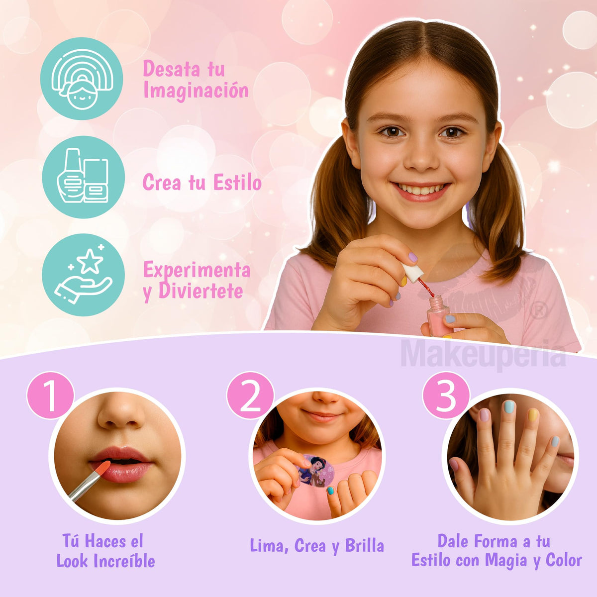 MAKEUPERIA Estuche de Maquillaje Infantil con Diseño Princesas, Maletín Metálico con Espejo, Sombras, Brillos, Esmaltes, Lima, Separadores, Pinceles y Bandeja, Maquillaje Lavable y Seguro para Niñas