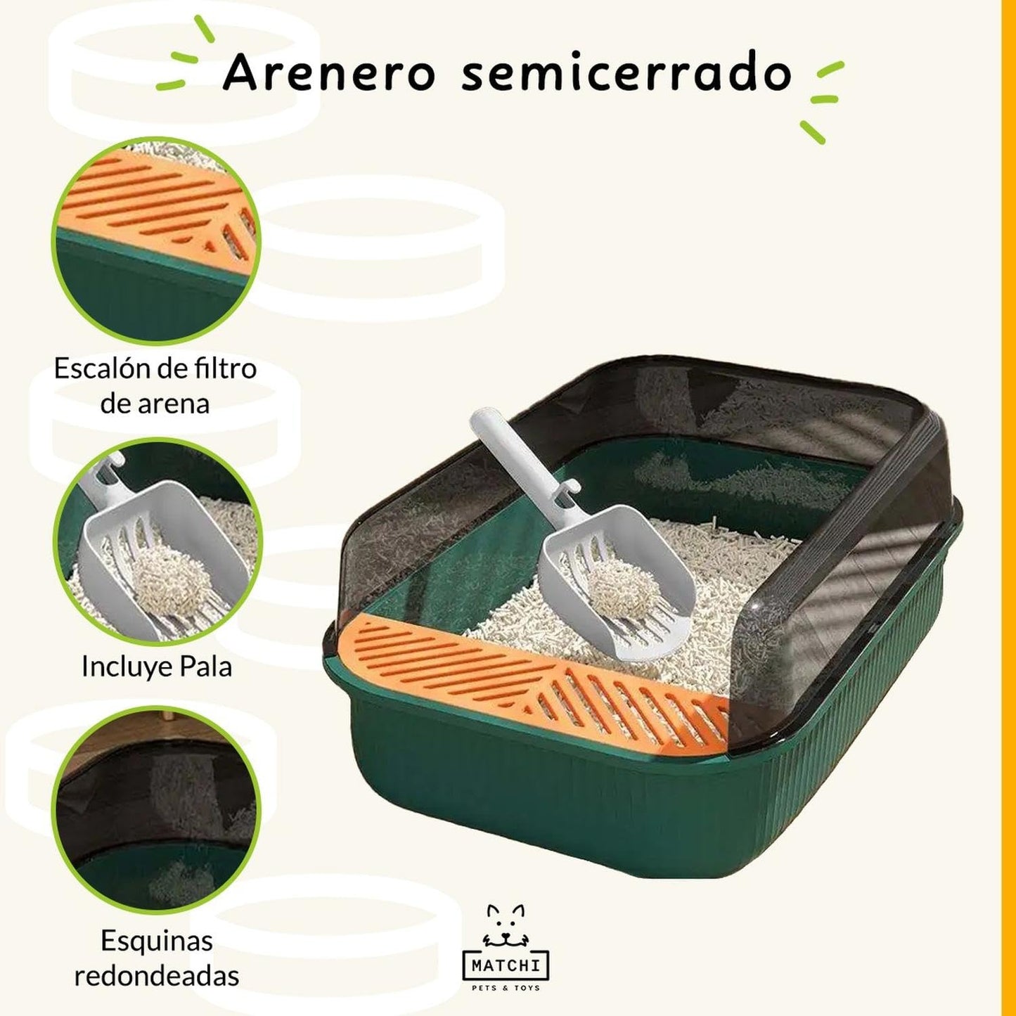 Arenero Grande para Gato MATCHI Negro con Extensión y Pala Limpiadora