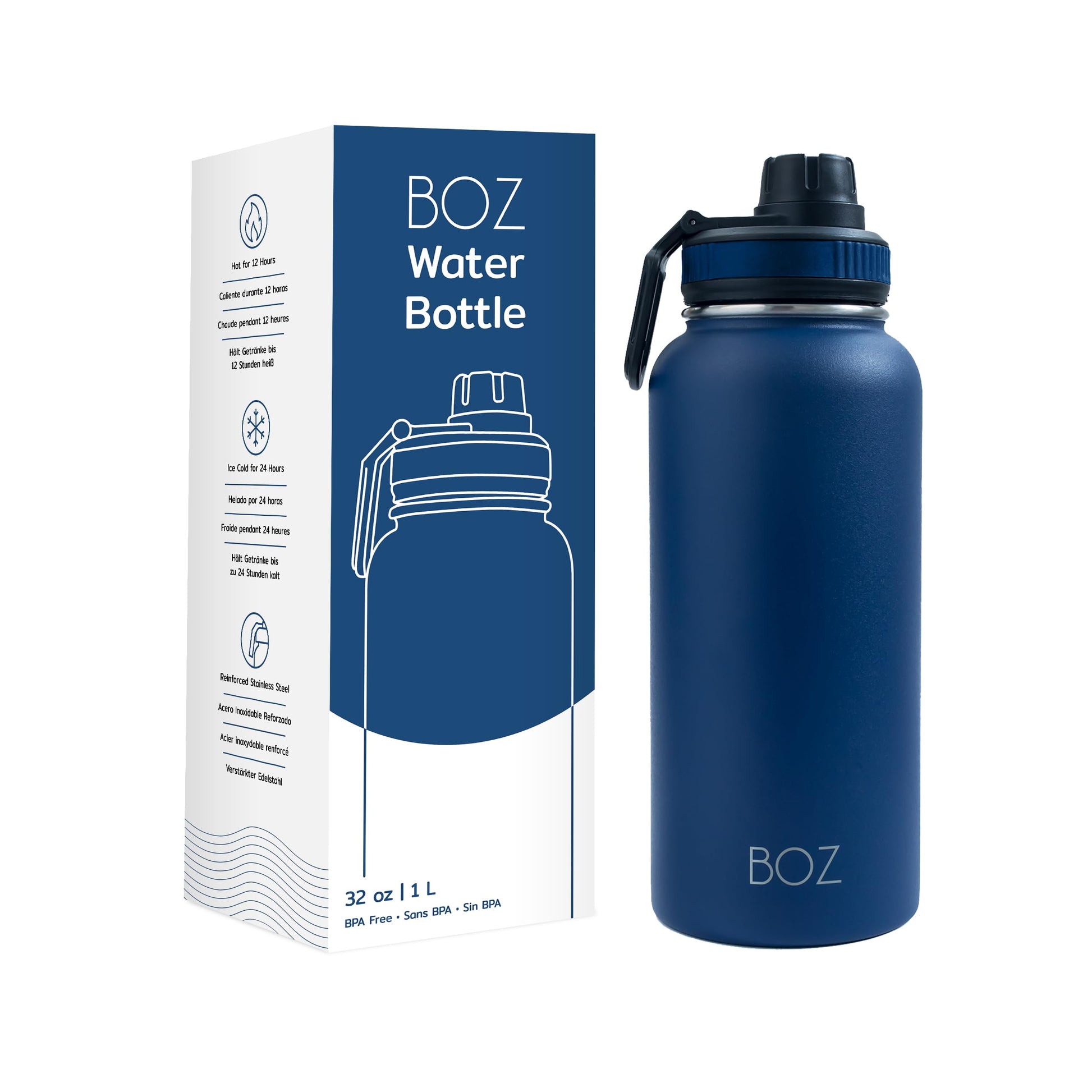 BOZ Botella de agua de acero inoxidable, termo de acero inoxidable 1 litro XL (1 L / 34 oz) boca ancha, sin BPA, aislamiento de doble pared al vacío (Monaco Blue)