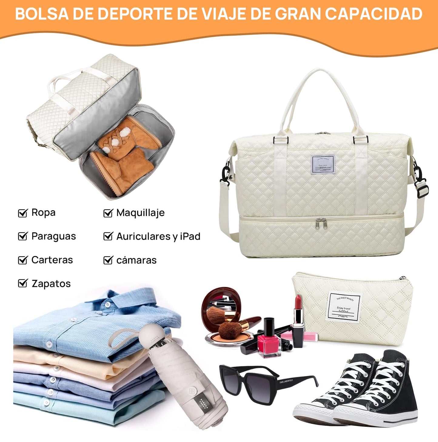 Bolsa de Deporte, Bolsa de Viaje Con Compartimento Para Zapatos y Neceser, Compartimentos Húmedo y Seco, Gran Capacidad, Resistente al Agua (blanco)