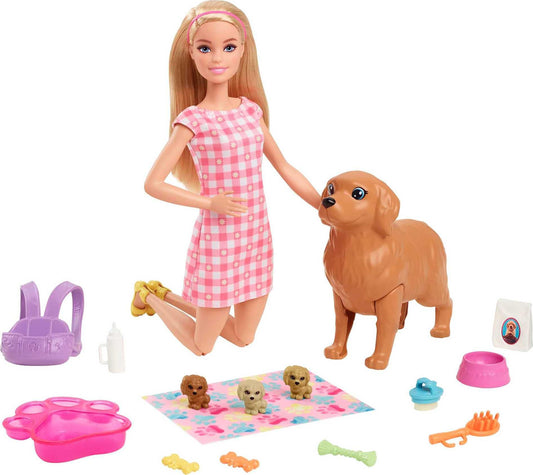 Barbie Sisters & Pets, Cachorros Recién Nacidos, Muñeca y Set de Juego con 1 perrita y 3 cachorritos, para niñas de 3 años en adelante