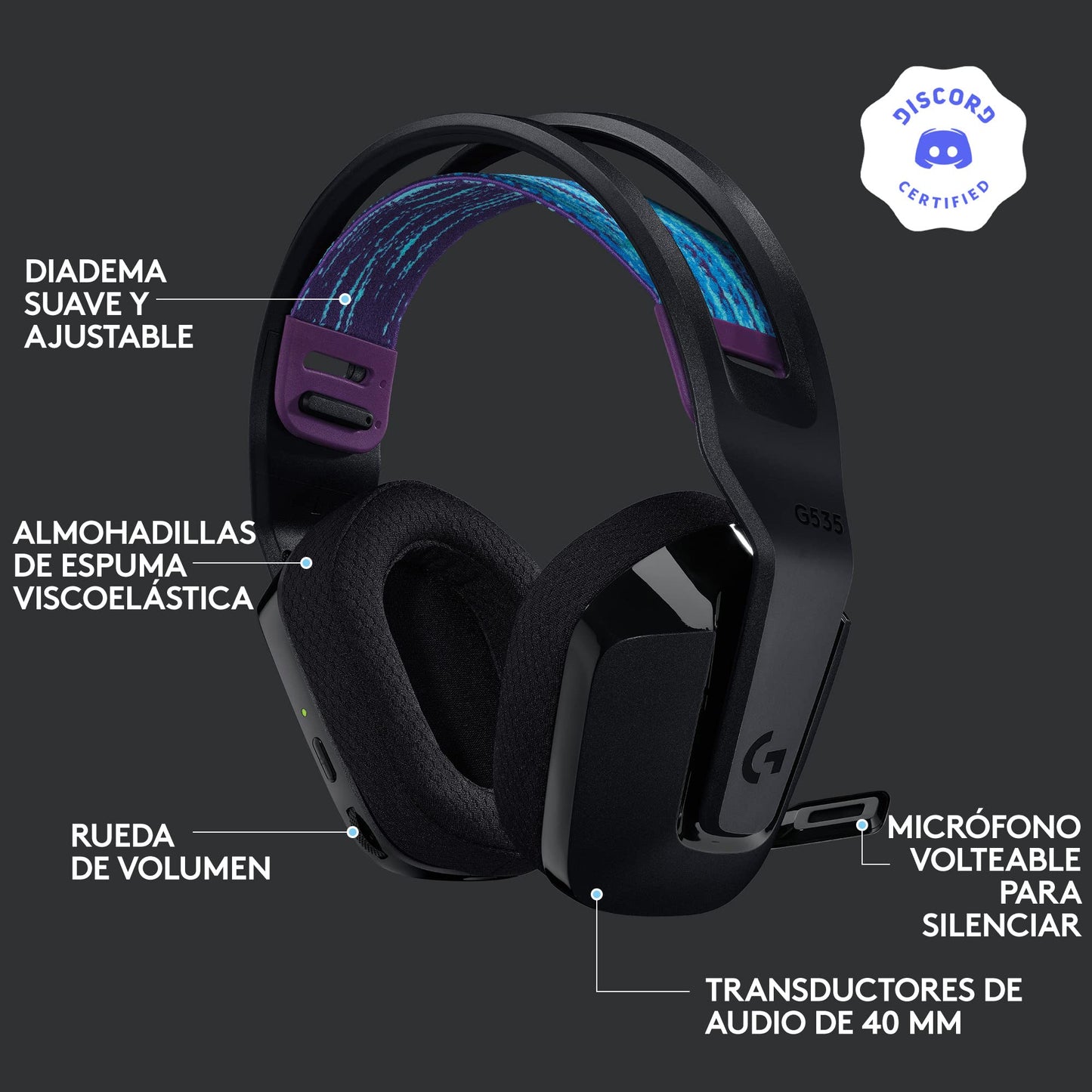 Logitech G535 Lightspeed Audífonos Inalámbricos para Gaming - Ligeros, Micrófono Volteable para silenciar, compatibles con PC, PS4, PS5, hasta 33 hrs de batería, Recargables USB - Negro