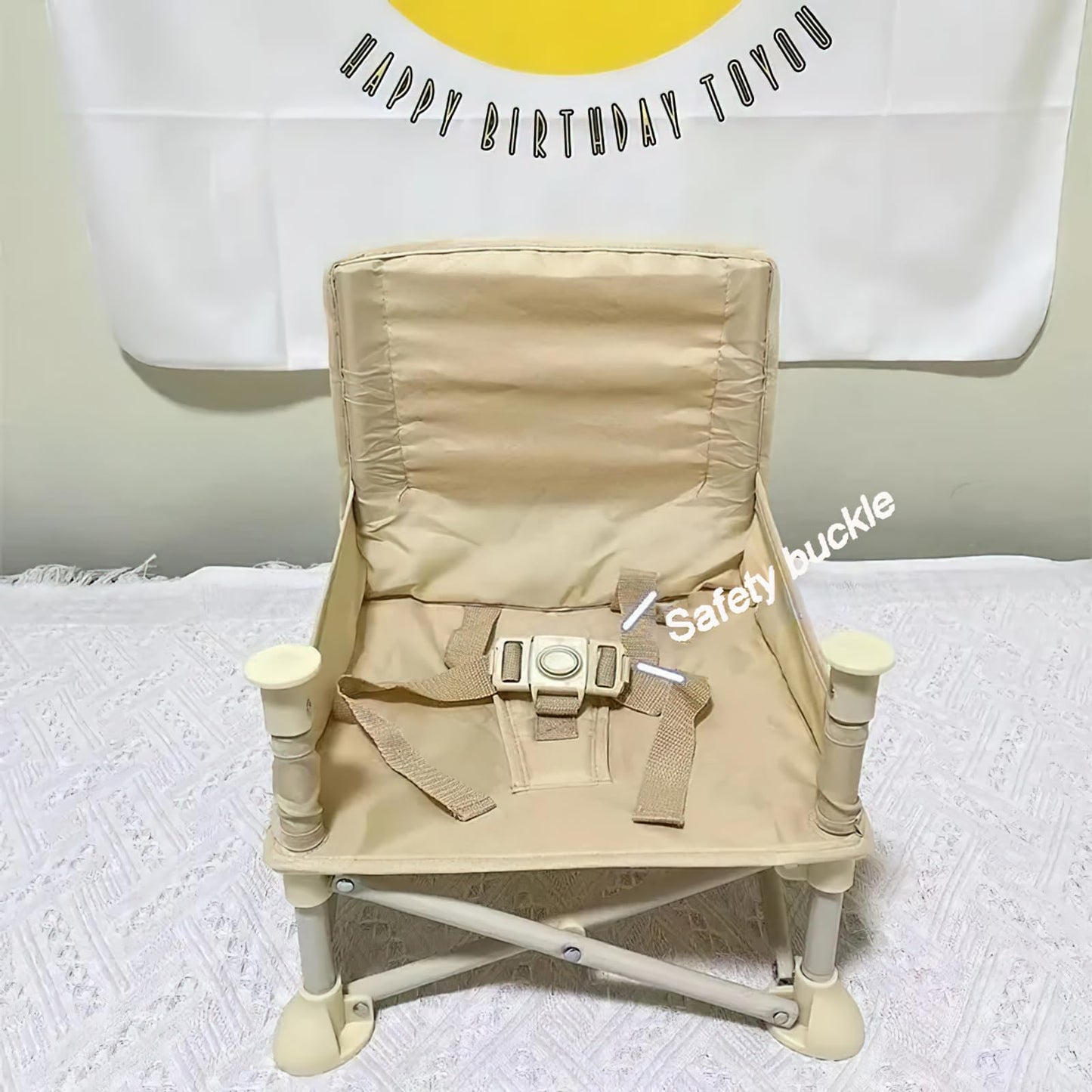 Silla de comedor plegable portátil para bebé, silla alta para exteriores, asiento plegable para niños pequeños con sombrilla y cinturón de seguridad (paraguas de borla beige)