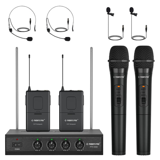 Sistema de Micrófono Inalámbrico VHF Phenyx Pro Negro con Receptor de Metal para Iglesia y Conferencia