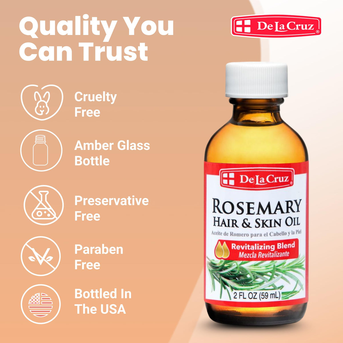 De La Cruz Oil of Rosemary Compound for Skin and Hair, No Preservatives, Artificial Colors or Fragrances, Made in USA, 2 FL. OZ.
