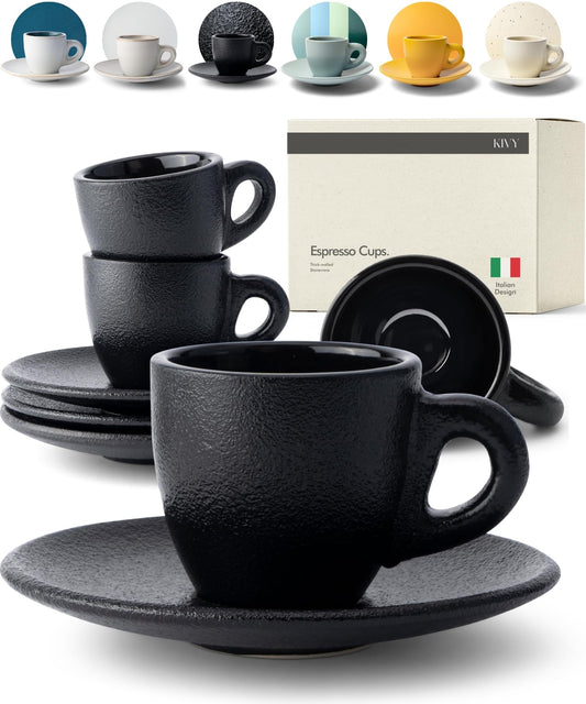 KIVY - Juego de 4 tazas de café expreso de 3 onzas, tazas y platillos de gres de pared gruesa estilo italiano, tazas negras demitasse con platillos