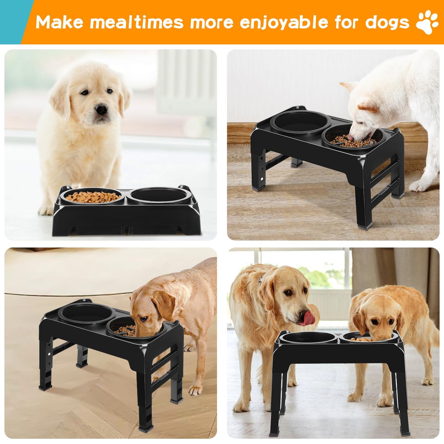 COMESOON SELPONT Bowls Slow Feeder with No Spill Dog Water Bowl 4 Height Adjustable Raised Dog Bowl Stand for Food and Water, Non-Slip Dog Feeder for Medium Large Dogs, Black