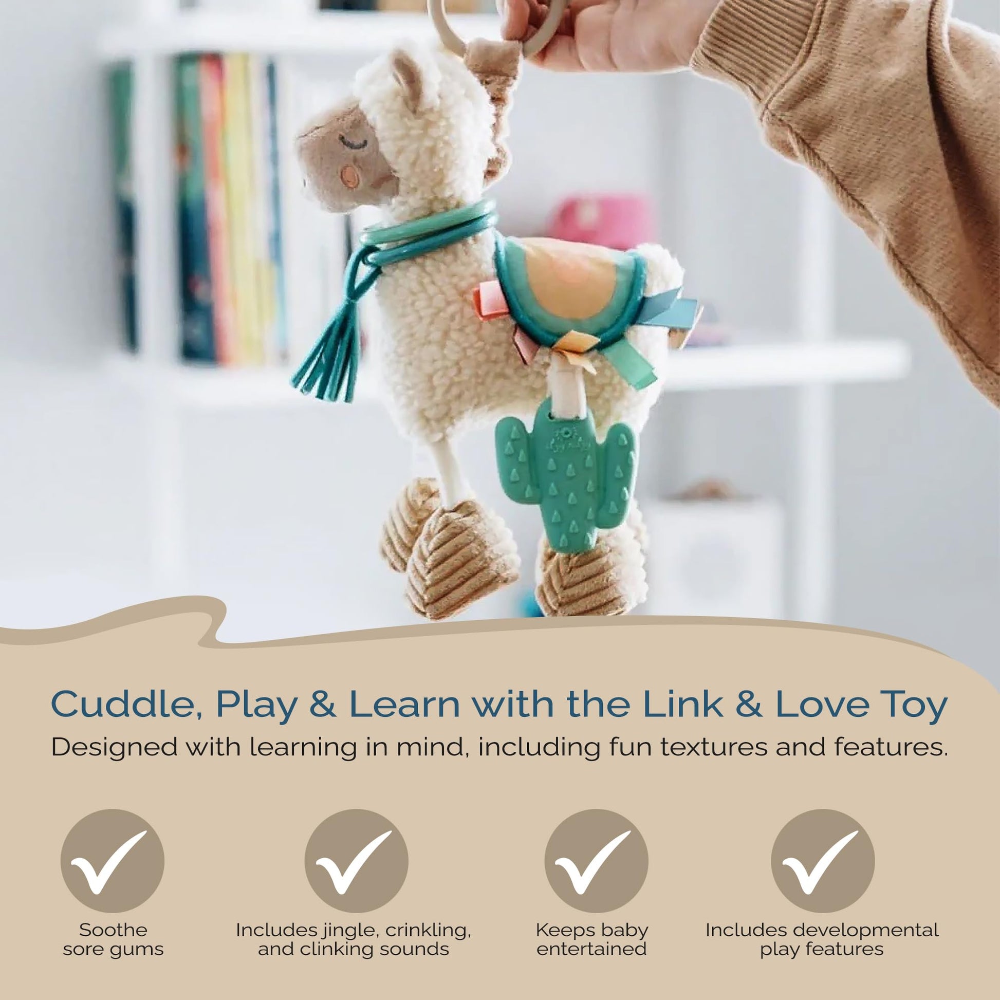 Itzy Ritzy Link & Love - Juguete para carriola o asiento de coche; cuenta con cintas texturizadas, sonidos arrugados, anillos de clínking y mordedor de silicona; diseñado para edades de 0 meses en
